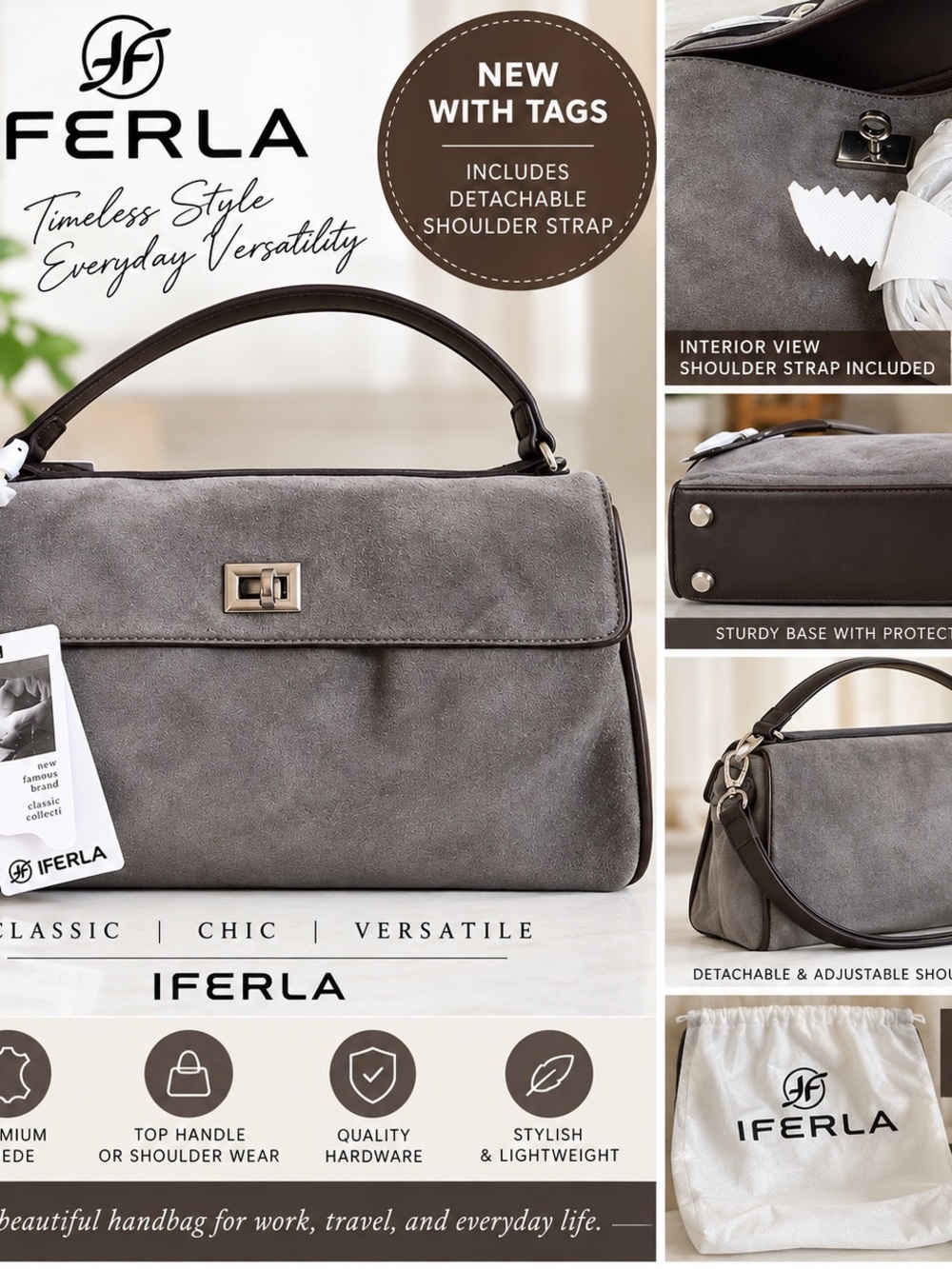 NEW Iferla Gray Suede Handbag Cocoa Brown Trim + Shoulder Strap NWT